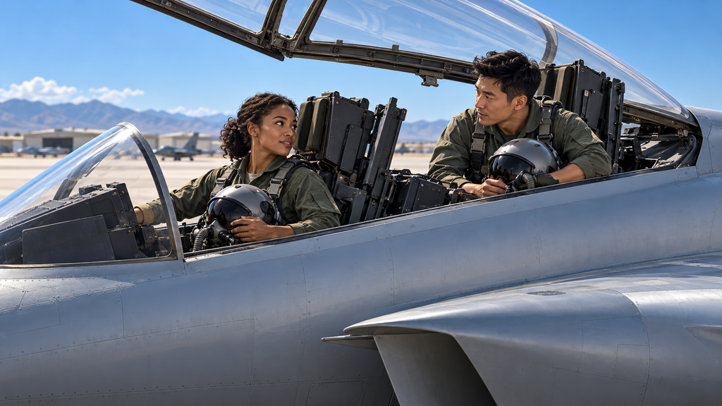 複座戦闘機の前席と後席で会話する女性操縦士と男性搭乗員のイメージイラスト